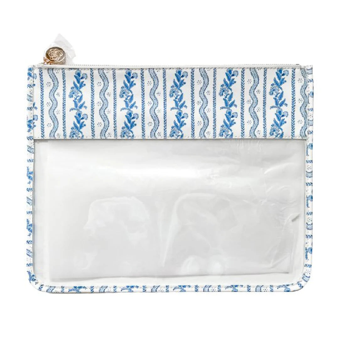 Large Emma Stripe Clear Zip Pouch Blue